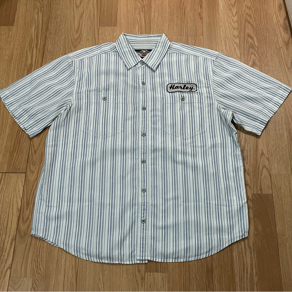 Harley Davidson Mens XL Short Sleeve Button Down Shirt Blue Striped Motorcycle